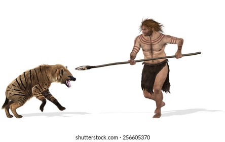 Digital Illustration Of A Fight Between A Cave Hyena And A Neanderthal