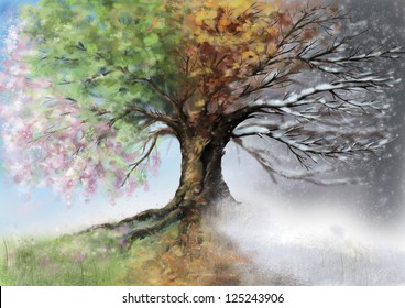 Digital Illustration Of Four Season Tree.