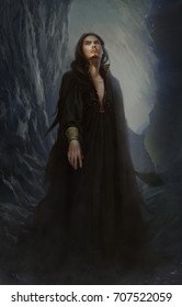 Digital illustration of full figure realistic dark fantasy sexy male man warlock wizard Satan  