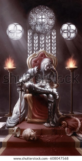 古い王を殺して王座に座る 写実的な中世のファンタジー騎士の指導者のデジタルイラスト のイラスト素材