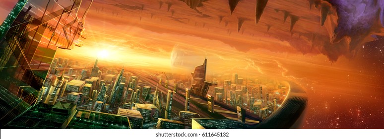 digital illustration of futuristic science fiction city street view environment landscape in space