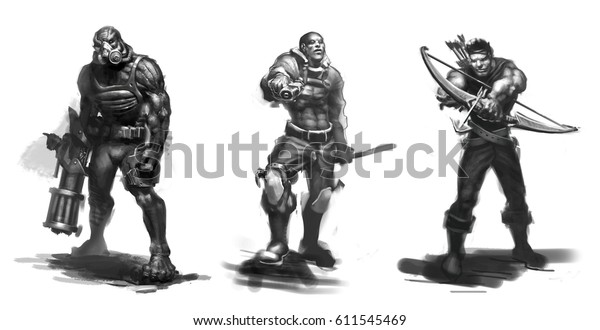 未来的なsf生物のゲームキャラクターコンセプトのデジタルイラストで 機関銃とマスク アクションポーズをとった男性の戦士とファンタジーアーチャー のイラスト素材