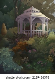 A digital illustration of gazebo in a fantasy garden with colourful flowers and trees scenery.