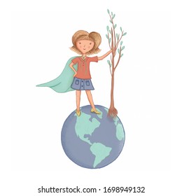 Digital Illustration Of A Girl Standing On The Glob/earth Ready To Plant A Tree Suitable For Promotional Materials, Print And Web For Environmental Causes, Combat Global Warming