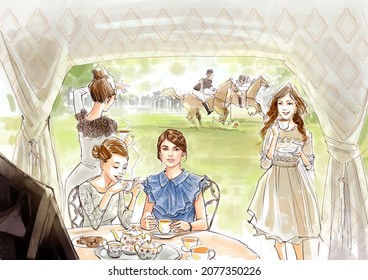 A Digital Illustration Of A Group Of Elegant Women Enjoying English Afternoon Tea At A Polo Game