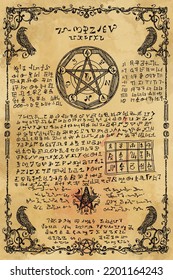 Digital Illustration hand drawn. Witchcraft old book with magic spell, wicca and mystic symbols. Vintage Gothic, esoteric and occult old pages, with fantasy letters. Ritual magic Pentagram sigil.