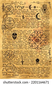 Digital Illustration Hand Drawn. Witchcraft Old Book With Magic Spell, Wicca And Mystic Symbols. Vintage Gothic, Esoteric And Occult Old Pages, With Fantasy Letters. Ritual Magic Pentagram Sigil.