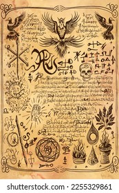 Digital Illustration hand drawn. Witchcraft old book page with magic spell, wicca and mystic symbols. Vintage Gothic, esoteric and occult old pages, with fantasy letters. Ritual magic Pentagram sigil.