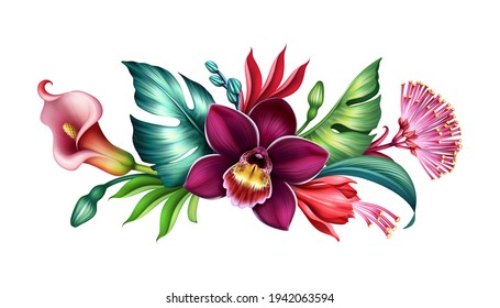 digital illustration of horizontal floral arrangement, botanical composition with assorted tropical flowers and green leaves isolated on white background, colorful bouquet