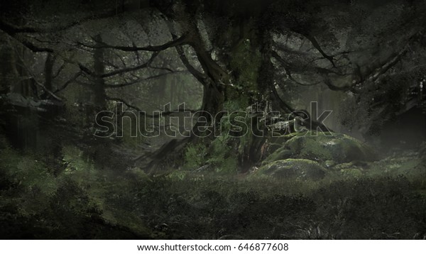 暗い森の外の大きな不気味な木のデジタルイラスト のイラスト素材