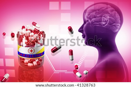 Digital illustration of  human brain and capsule bottle in colour background 	