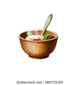 Digital illustration and an isolated bowl soup   spoon  Food  menu decoration icon  Kitchen utensils  soup ingredients  Healthy food concept 