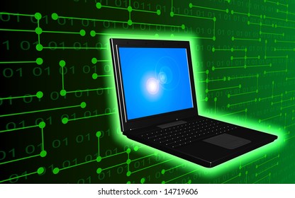 digital illustration of laptop in background of a computer chip