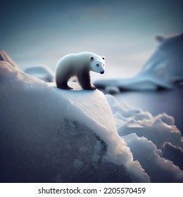 Digital Illustration Of Little Polar Bear Standing On The Ice Sheet, Cold Polar Environment, Natural Environmental Protection Issues.