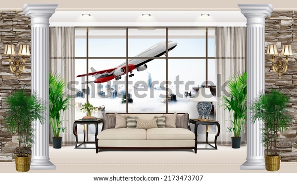 Digital illustration of a living room with a view from the window of skyscrapers in the clouds and a plane taking off. 3d photo wallpapers. 3d image.