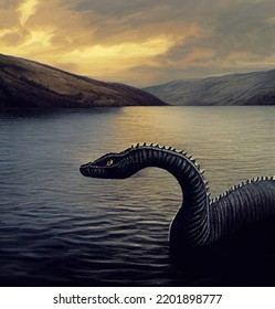 Digital Illustration Of The Loch Ness Monster From Scotland And Old Mythology. Famous For Being A Legendary Lake Monster Or Sea Serpent