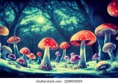 Digital Illustration Of A Magical Fantasy Mushroom Kingdom