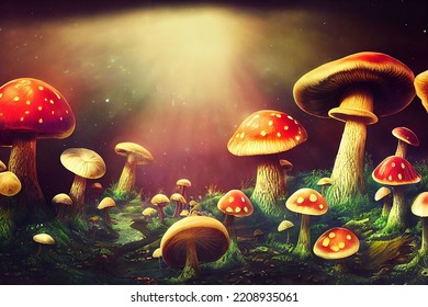 Digital Illustration Of A Magical Fantasy Mushroom Kingdom