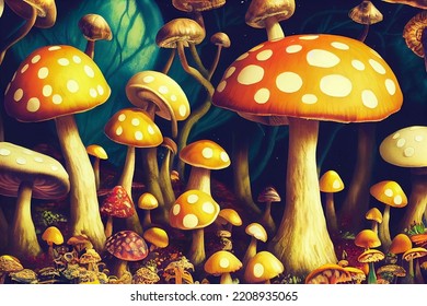 Digital Illustration Of A Magical Fantasy Mushroom Kingdom