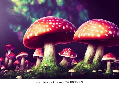 Digital Illustration Of A Magical Mushroom Kingdom