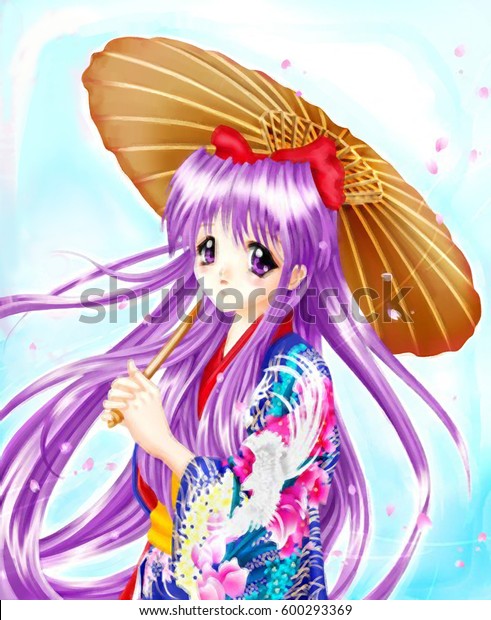 かわいい女の子の着物姿や桜の花びらを持つ伝統的な傘のまんがアニメスタイルのデジタルイラスト のイラスト素材 600293369