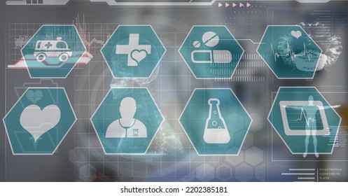 Digital Illustration Of Medical Icons Over Data Processing, Statistics Showing In The Background. Medicine Public Health Pandemic Coronavirus Covid 19 Outbreak Concept Digital Composite.