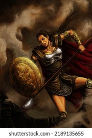 Digital Illustration Of A Medieval Female Warrior In Action