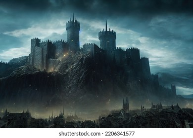 Digital Illustration Of A Medieval Tower On A Hill With A Village Town Underneath It. Background Wallpaper Artwork Featuring A Historic Castle With Skies, Cinematic Lighting With An Epic Aerial View