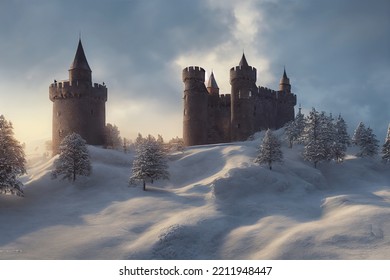 Digital Illustration Of Middle Ages, Medieval Castle In Winter. Snowy Hills Leading Up To An Ancient Fortress. Antique Scenery With European Architecture At Sunset. Cold, Wintery Background Wallpaper