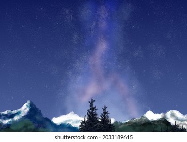 digital illustration the Milky Way the background snow  capped mountains