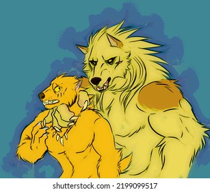 Digital Illustration Of A Muscular Blonde Werewolf Choking A Smaller Werewolf Who's Weating A Teeth Necklace 