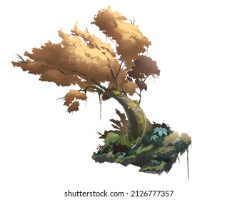A digital illustration of a mythical fantasy magic tree design with a colorful bush isolated on white background.