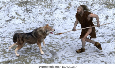 Digital Illustration Of A  Neandertals Hunting A Wolf