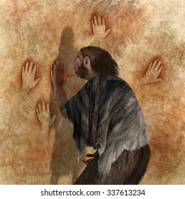 Digital illustration of a Neanderthal painting in a cave