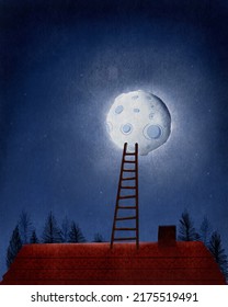 Digital Illustration Of A Night Landscape From A Roof With A Staircase To The Moon.