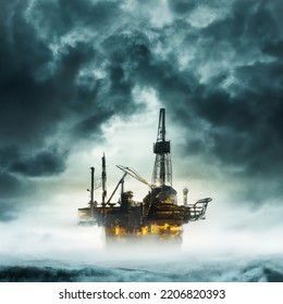 Digital Illustration Of Oil Rig Platform In Stormy Open Ocean Waters With Huge Waves Crashing In Digital Art. Steam Punk Style Platform. Concept Art Poster Design. Fossil Fuel Energy Concept Art.