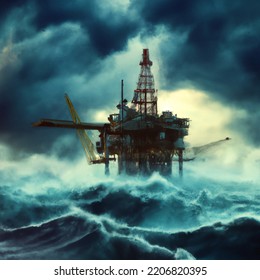 Digital Illustration Of Oil Rig Platform In Stormy Open Ocean Waters With Huge Waves Crashing In Digital Art. Steam Punk Style Platform. Concept Art Poster Design. Fossil Fuel Energy Concept Art.