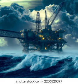 Digital Illustration Of Oil Rig Platform In Stormy Open Ocean Waters With Huge Waves Crashing In Digital Art. Steam Punk Style Platform. Concept Art Poster Design. Fossil Fuel Energy Concept Art.