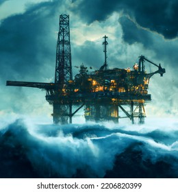 Digital Illustration Of Oil Rig Platform In Stormy Open Ocean Waters With Huge Waves Crashing In Digital Art. Steam Punk Style Platform. Concept Art Poster Design. Fossil Fuel Energy Concept Art.