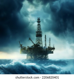 Digital Illustration Of Oil Rig Platform In Stormy Open Ocean Waters With Huge Waves Crashing In Digital Art. Steam Punk Style Platform. Concept Art Poster Design. Fossil Fuel Energy Concept Art.