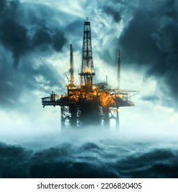 Digital Illustration Of Oil Rig Platform In Stormy Open Ocean Waters With Huge Waves Crashing In Digital Art. Steam Punk Style Platform. Concept Art Poster Design. Fossil Fuel Energy Concept Art.