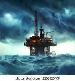 Digital Illustration Of Oil Rig Platform In Stormy Open Ocean Waters With Huge Waves Crashing In Digital Art. Steam Punk Style Platform. Concept Art Poster Design. Fossil Fuel Energy Concept Art.