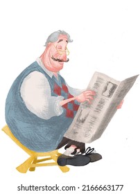 Digital Illustration Old Man Reading Newspaper
