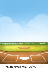Digital Illustration Painting Of Baseball Field For Background, Children's Illustration Styles.