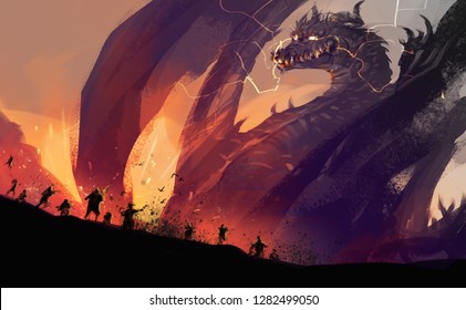 Digital illustration painting design style peoples against a huge dragon with destroyed town. 