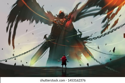 Digital illustration painting design style a knight against dark angel ready to fighting. 