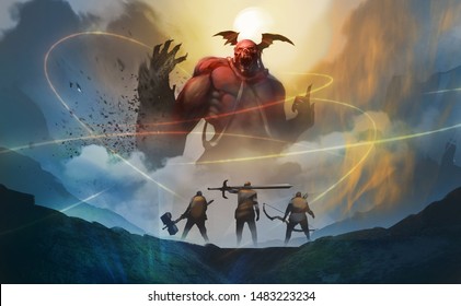Digital illustration painting design style group of warriors encounter red demon from hell, against the moon with midnight, trying arrest them by magic spells.