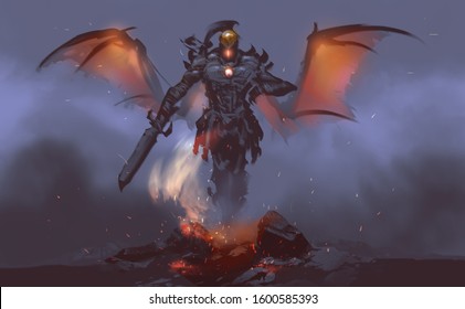 Digital illustration painting design style a god of fire summoning from lava against mist.