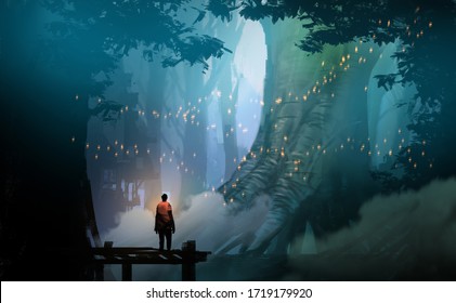 Digital illustration painting design style man standing on the pier against  flyflies and big trees.