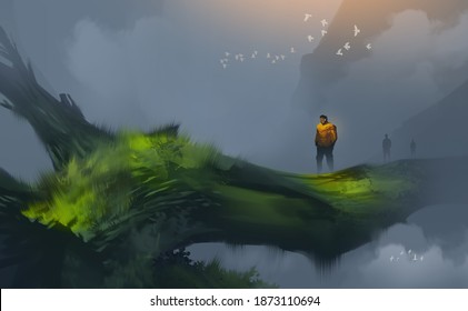 Digital Illustration Painting Design Style A Few Hikers Crossing The Chasm On Big Log, Against Mist.